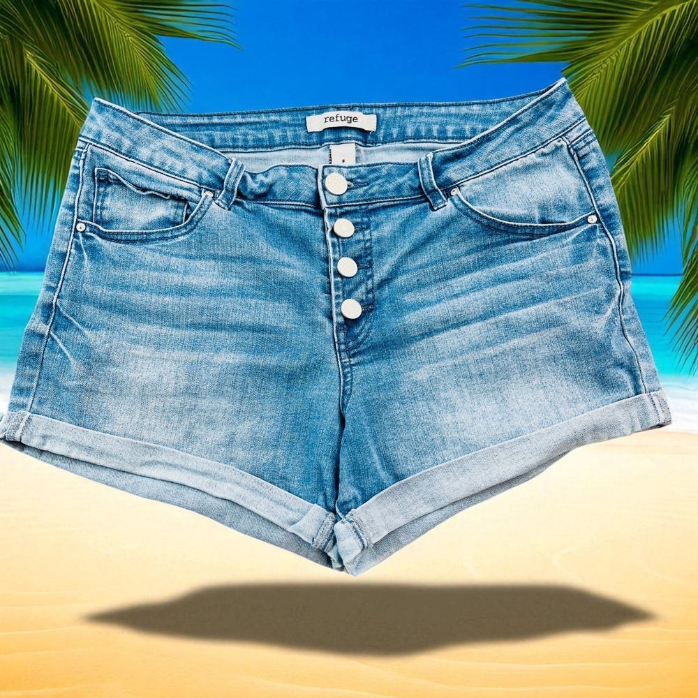 Womens Button Fly Denim Refuge Shorts Sz 8 Blue Faded Medium Wash High Rise Cuff